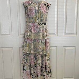 Gorgeous Ted Baker Floral Tiered Midi Dress in Soft Pink and Sage